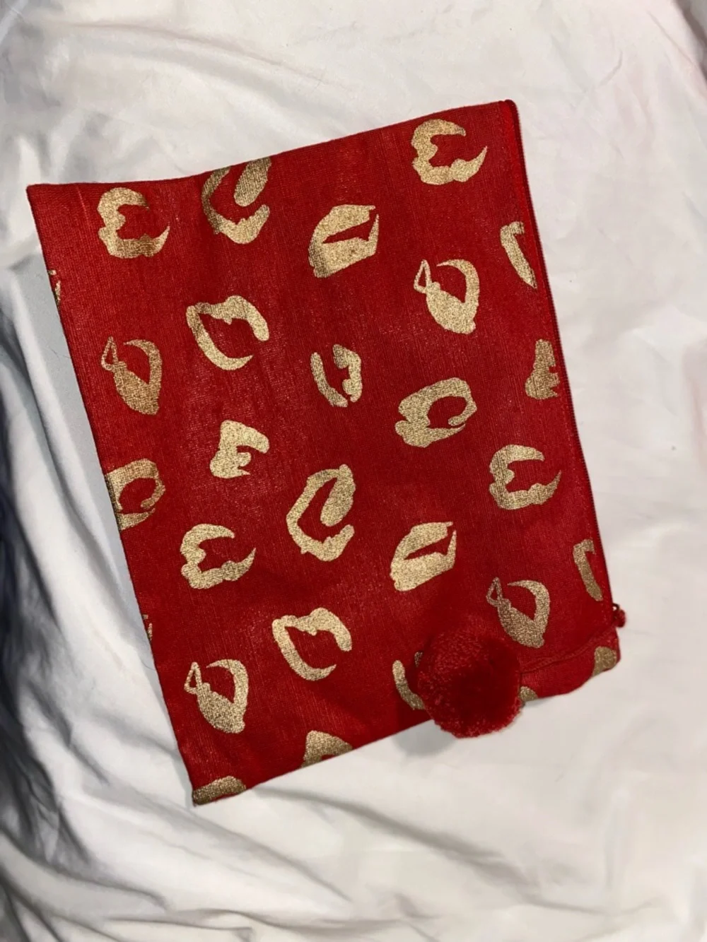 Mud Pie Large Red Tote/Small Bag Combo w/ Gold Leopard Print and Pom-Pom Accents